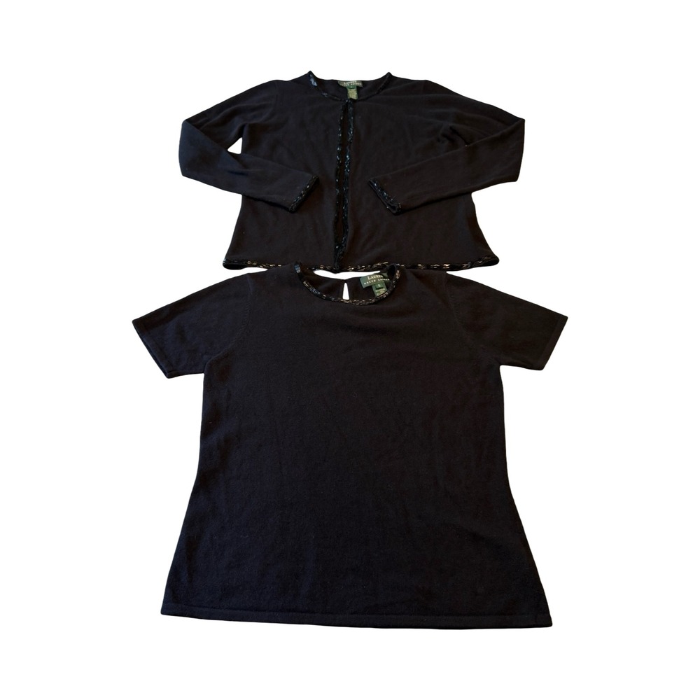 Lauren Ralph Lauren‎ Black Merino Cashmere Angora Beaded Twin Set Cardigan Top S